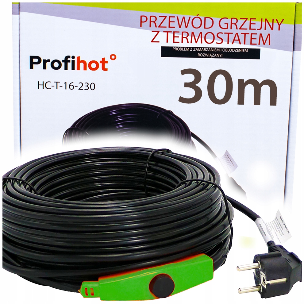 VYHRIEVACÍ KÁBEL VYKUROVACÍ KÁBEL S TERMOSTATOM pre potrubný žľab 230 V – 480 W – 30 mil